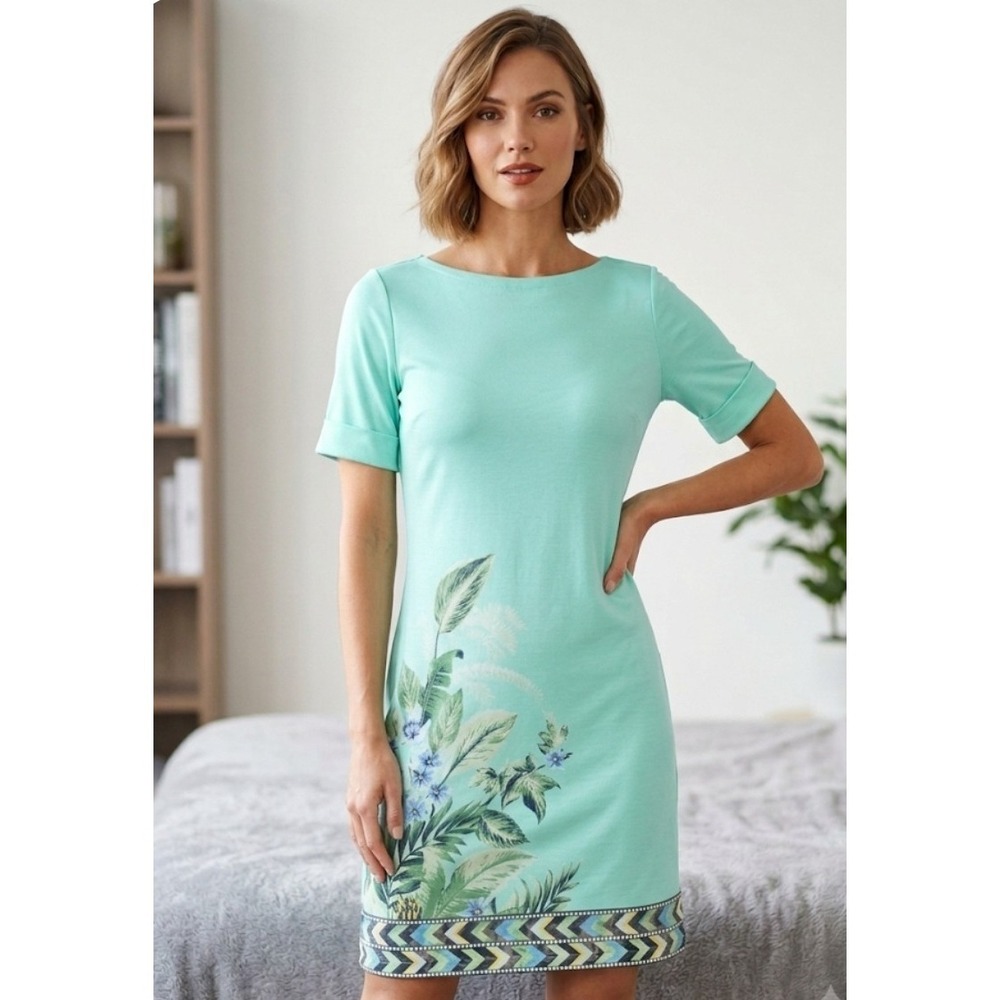 Karen Scott Mint Green Floral Shift Dress Tropical Border Print Knit Casual, L